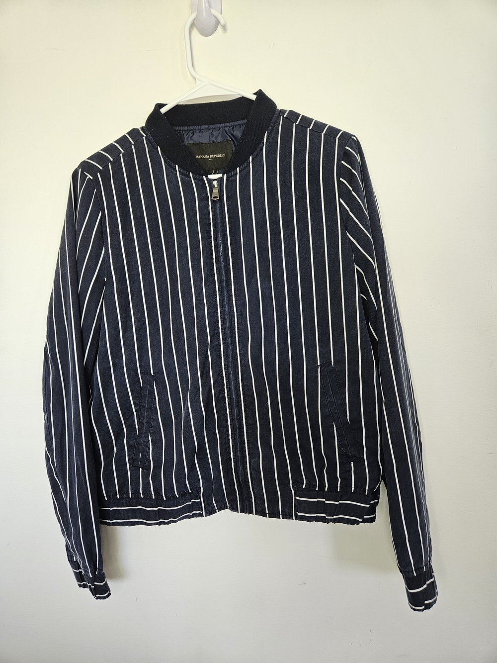 Banana Republic Pinstripe Bomber Jacket Navy Blue White Striped Zip Up Size S Sm